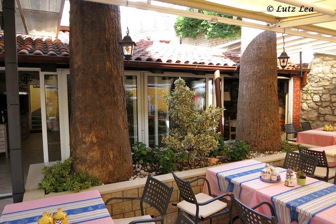 Stämme von Washingtonia-Palmen direkt im Restaurant < Mali Losinj