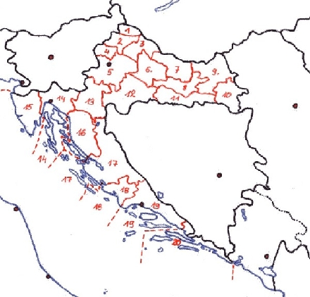 KROATIEN-MAP > Übersichtskarte der kroatische Verwaltungseinteilung: ZUPANIJE = Gespanschaften