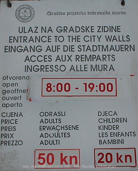 DUBROVNIK > Stadtmauer > Eintrittspreise 2009